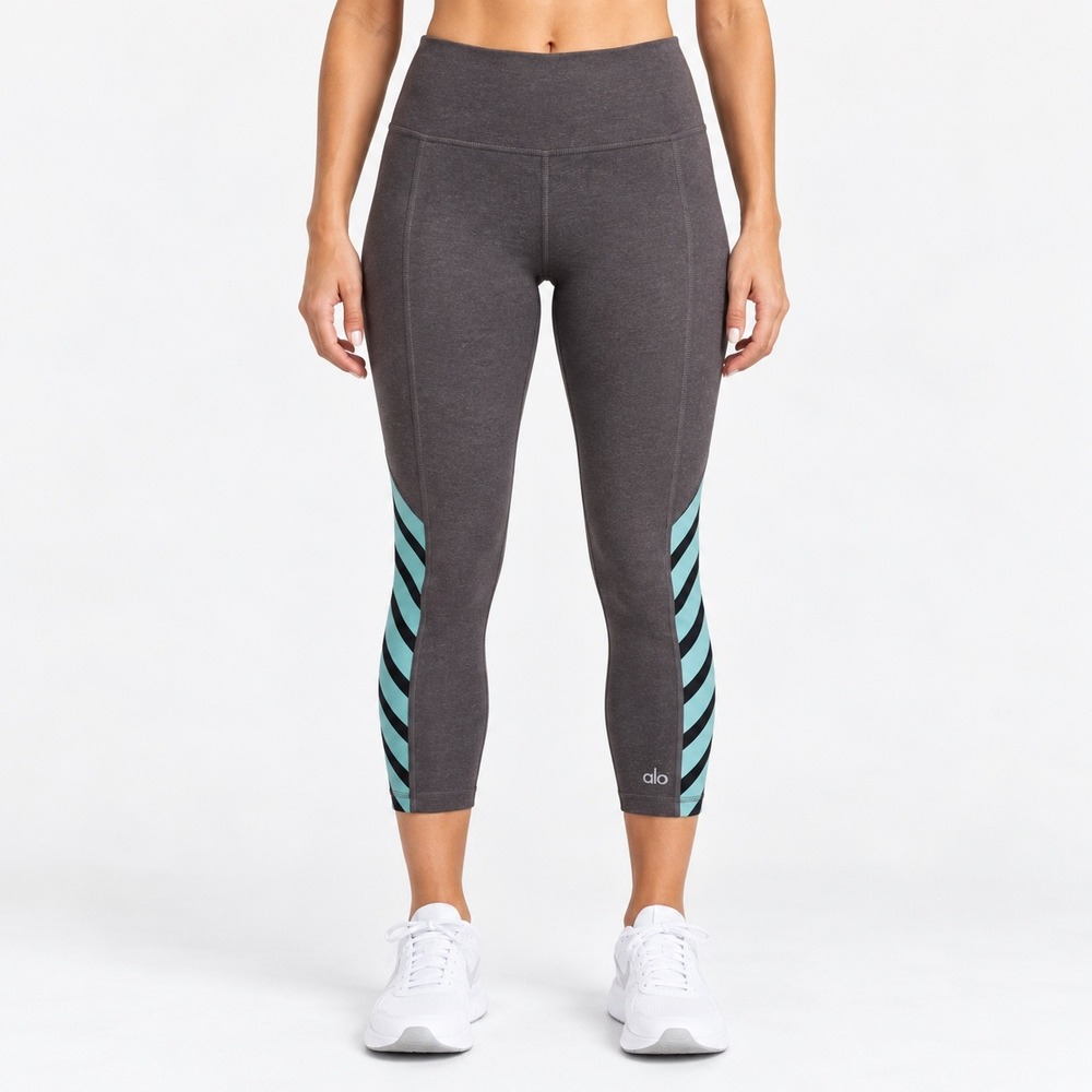 Alo Yoga Womens Cropped Capri Leggings Gray Mint Striped High Waist Activewear
